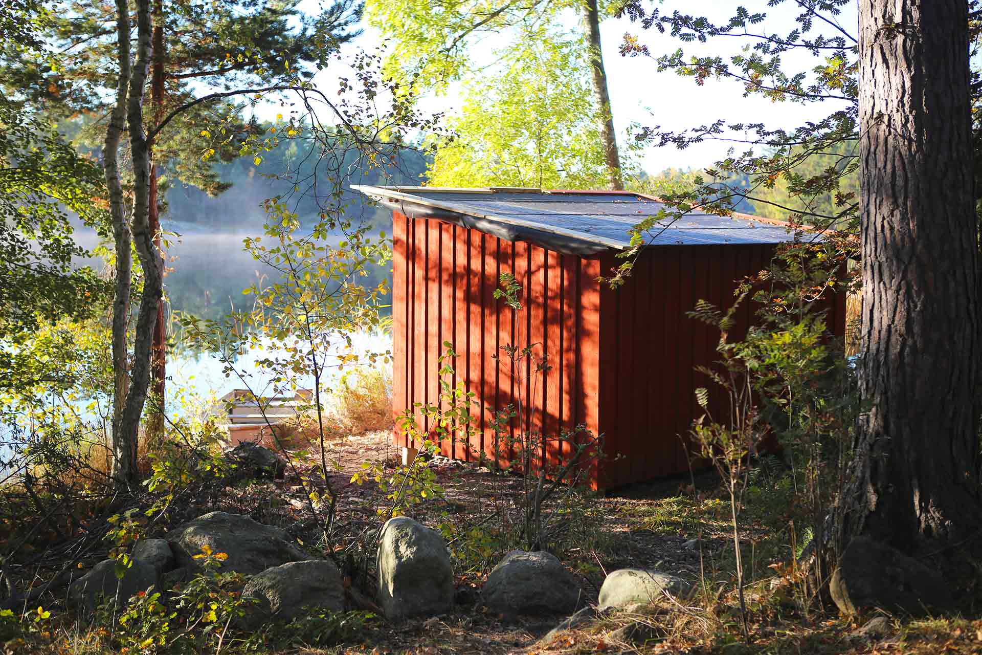En ombyggd röd liten stuga ligger tätt vid insjön. Ett soldis lyfter över ekan i insjön som omgärdas av tall och björk.